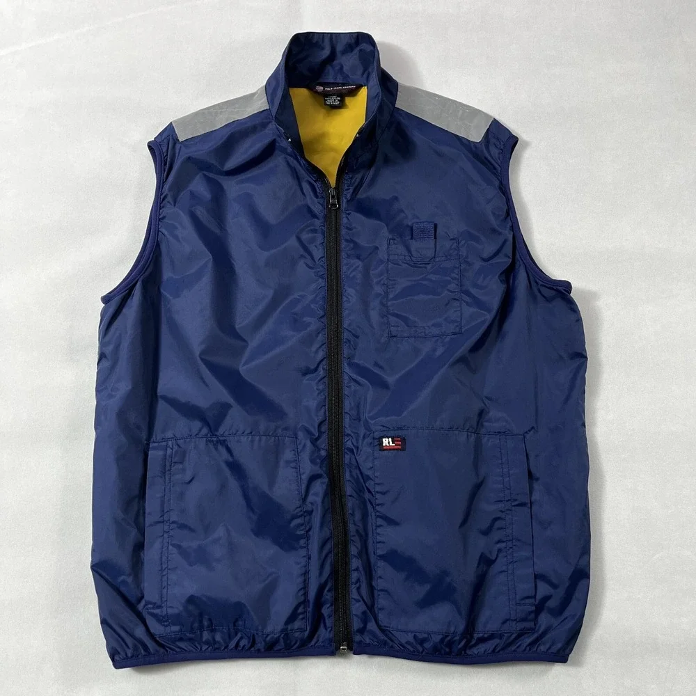 Ralph Laure Polo Jeans Co Vest Men Large Blue Nylon Full Zip Pockets Windbreaker